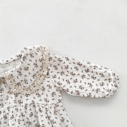 Newborn Girl Cotton Floral Doll Lace Collar Long Sleeve Princess Romper + Hat Suit Baby Clothes Set 0-2 Years Old
