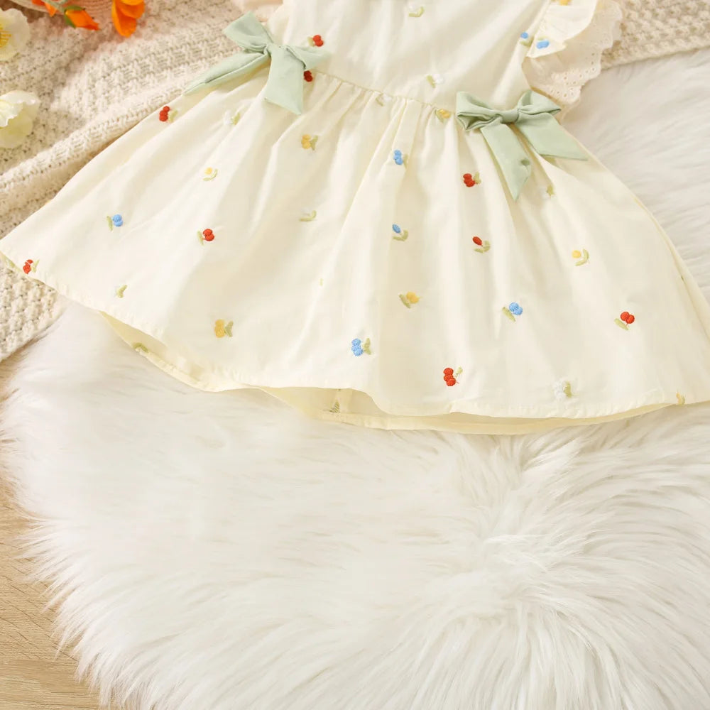Summer Toddler Dress Cute Doll Collar Flower Embroidered Bow Princess Dress for Baby Girl 0-2 Years Old