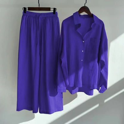 Cotton And Linen Solid Color Pant Sets Women Single-breasted Shirts And Drawstring Loose Wide Legs Trousers Two Piece Set Casual