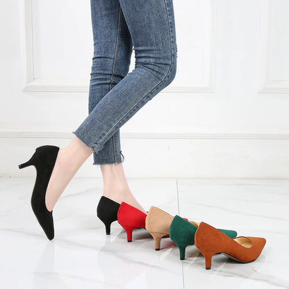 Low Heel Pumps Lady Pointed Toe Kitten Heels Female Green Flock Plus Size spring Red Shoes  Women 5cm High Heels