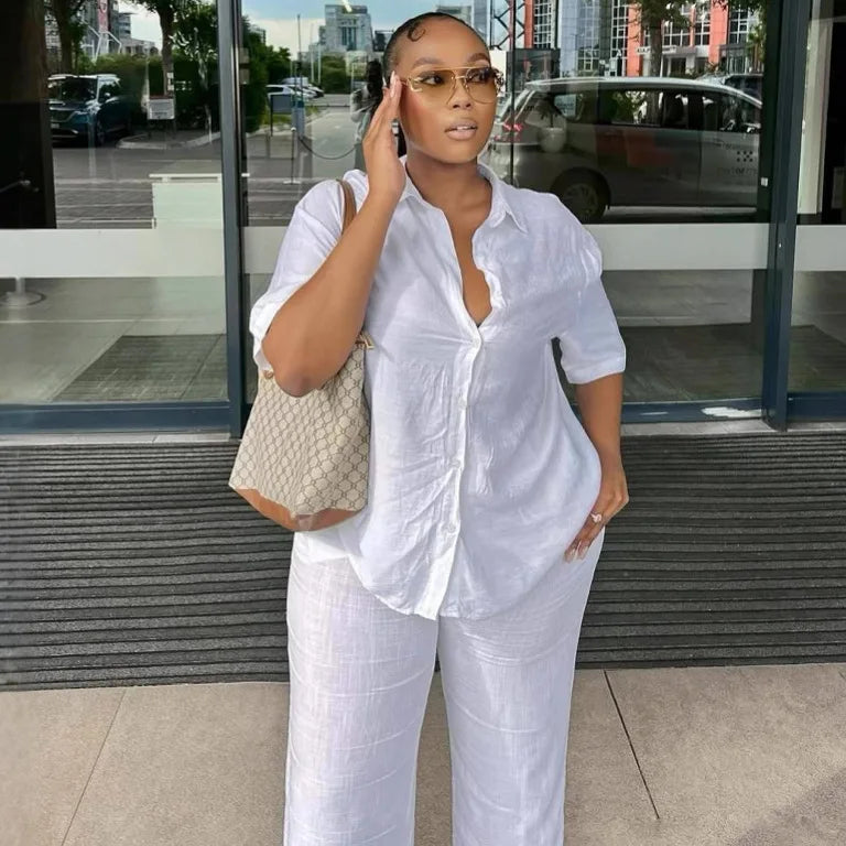 Women Casual Two Piece Pant Set Short Sleeve Turn Down Collar Shirts Top and High Waist Loose Wide Leg Pant Matching Set 2025