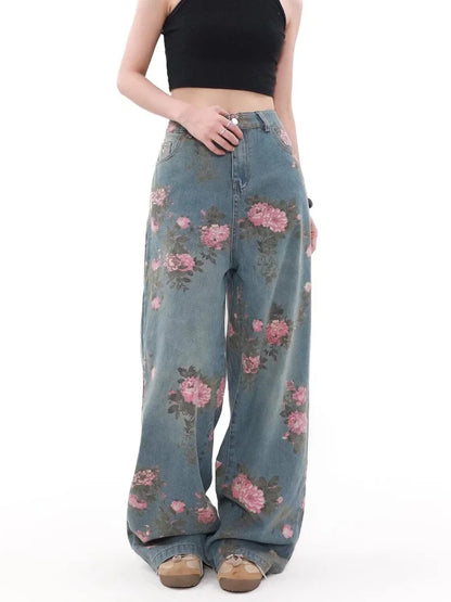 2026 Ropa Y2K Fashion Peach Blossom Printed Baggy Jeans Pants For Women Clothing Wide Leg Casual Lady Trousers Pantalon Femme