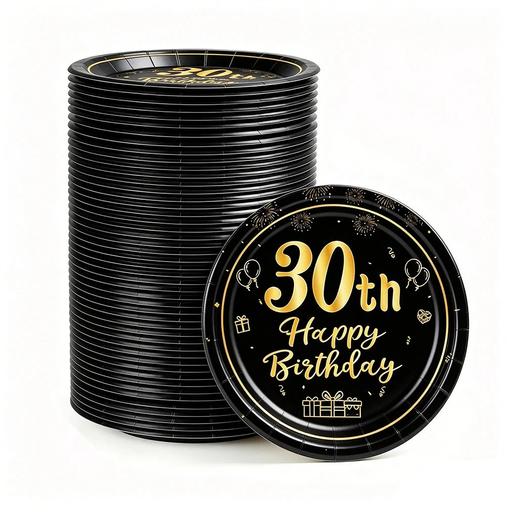 8-40pcs Men Women Adult 18th 30th 40th 50th 60th Birthday Party Decoration Supplies Black Gold Disposable 7/9inch Paper Plates
