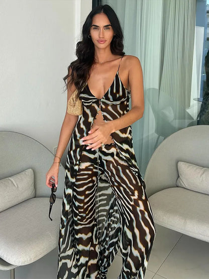 Women's Zebra Print Sheer Chiffon 2 Piece Set V-Neck Slip Tank Top Wide Leg Pants Casual Vacation Chic Outfits