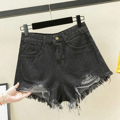 Trendy Women's Ripped Loose Fit High Waist Cotton Stretch Denim Shorts Frayed Hem A-Line Style Korean Version Summer Hot Pants
