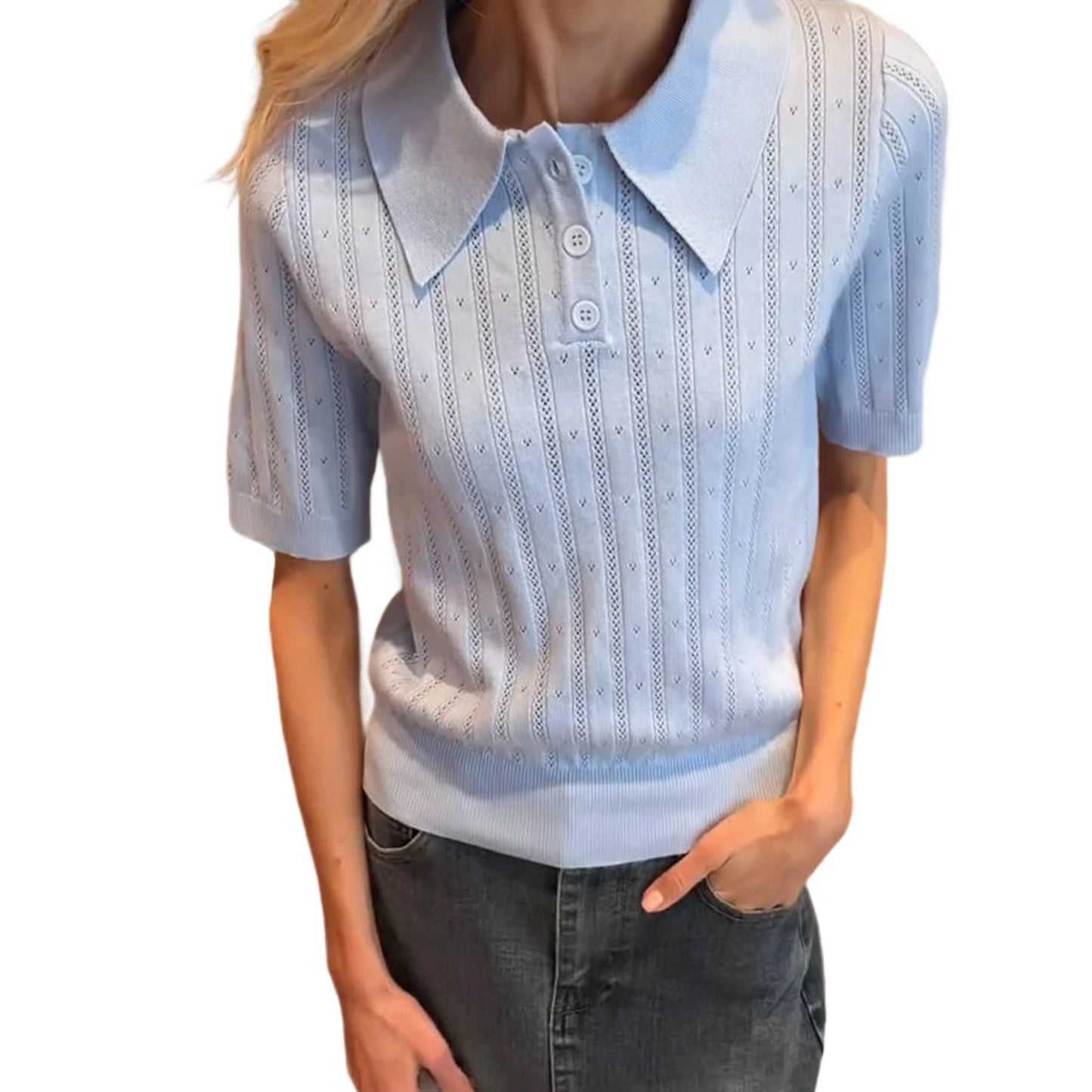 Elegant Women's Summer Hollow Out Knit Tops Short Sleeve Turn Down Collar Solid Color Cutout T-shirt