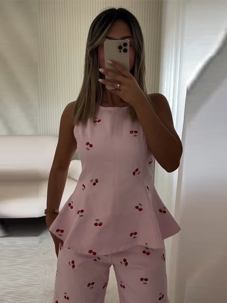 Casual Printed Women's Top Trouser Suits Sleeveless O-Neck Wide Leg Pants Lady Set 2026 Summer Vacation 2 Pieces Set Women New