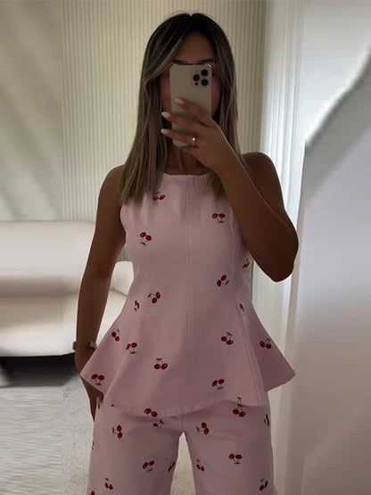 Casual Printed Women's Top Trouser Suits Sleeveless O-Neck Wide Leg Pants Lady Set 2026 Summer Vacation 2 Pieces Set Women New
