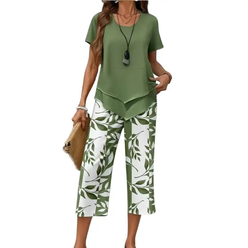 Lady Summer Casual Cropped Pants Two-piece Set Fashion Solid Color Top+printed Pants Suit Women's Irregular Hem Tops Outfit