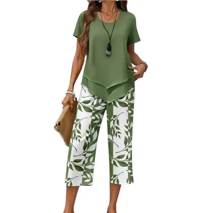 Lady Summer Casual Cropped Pants Two-piece Set Fashion Solid Color Top+printed Pants Suit Women's Irregular Hem Tops Outfit