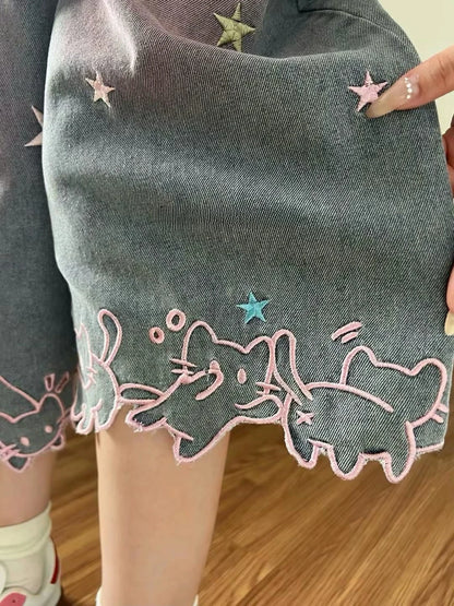 Women's Y2K Cat Embroidery Denim Culottes, Pink Gradient Wash Baggy Cropped Jeans, Cute High Waist Wide Leg Capri Pants