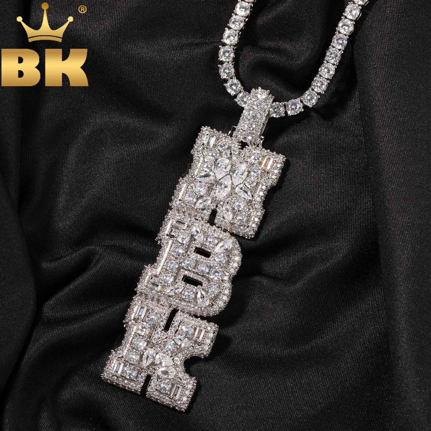 THE BLING KING Custom Vertical Initial Letter Pendant Mixed Inlay Different Shape Cubic Zircon NamePlate Necklace Hiphop Jewelry