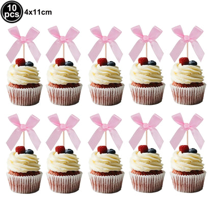 10pcs Bow Cupcake Toppers Birthday Bowknot Ribbons Coquette Pink Bow Cake Decors Bridal Baby Girls Wedding Party Supplies
