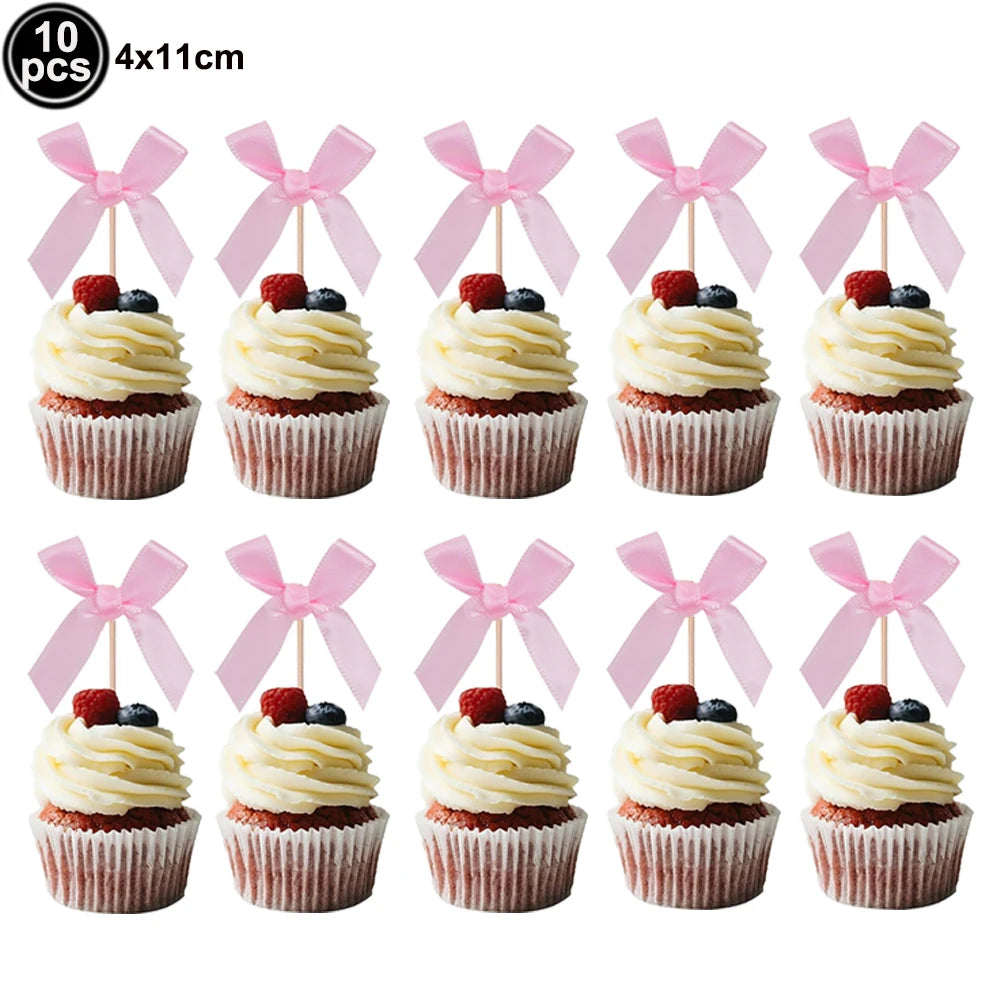 10pcs Bow Cupcake Toppers Birthday Bowknot Ribbons Coquette Pink Bow Cake Decors Bridal Baby Girls Wedding Party Supplies