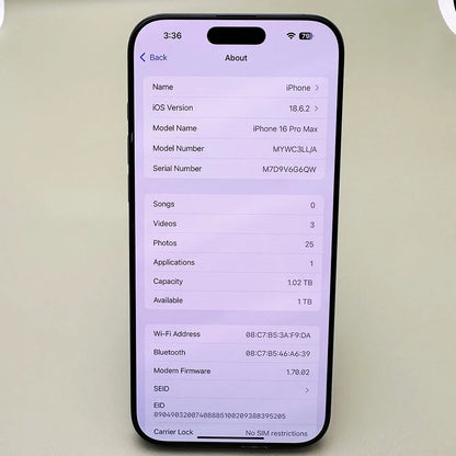 Original Unlocked iPhone 16 Pro Max Dual eSIM Cellphone 8GB RAM iOS 18 Smartphone 99% NEW US version