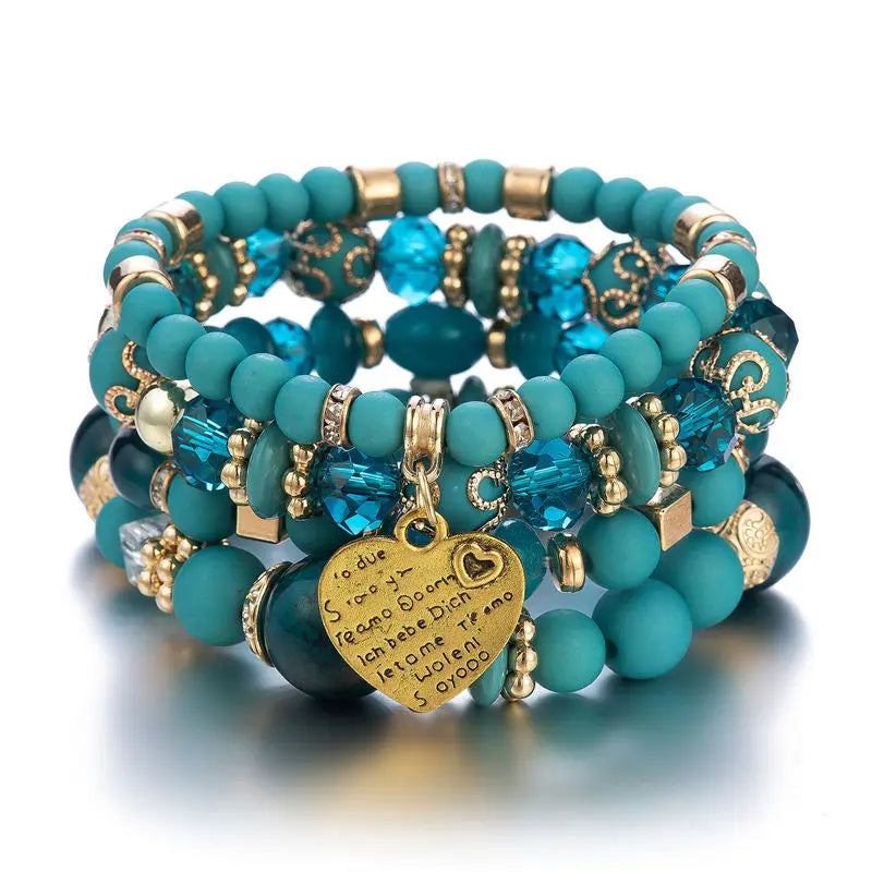 4pcs Boho Crystal Beads Chain Bracelet Set for Women Vintage Heart
