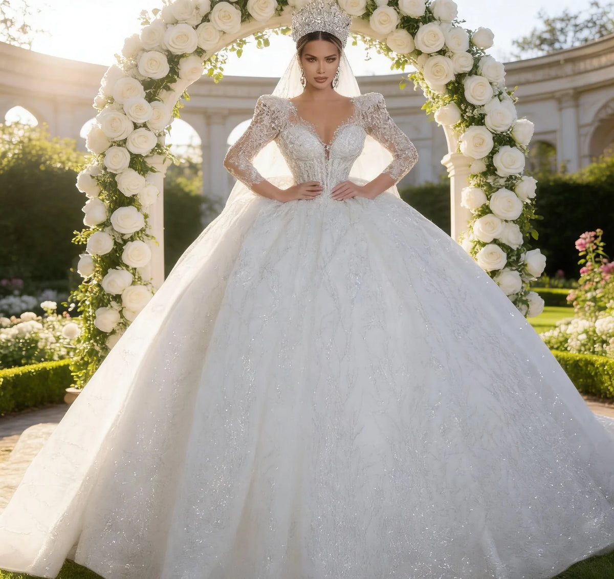 Customzie Graceful Luxurious Ball Gown Wedding Dresses V Neck Long Sleeve Robe De Mariee Lace Beade d Princess