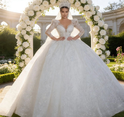 Customzie Graceful Luxurious Ball Gown Wedding Dresses V Neck Long Sleeve Robe De Mariee Lace Beade d Princess