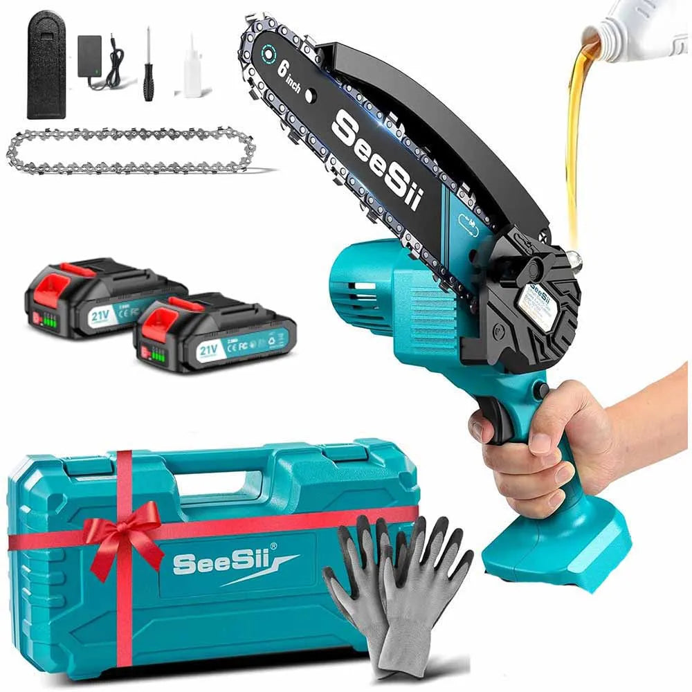 SEESII 6'' Cordless Mini Chainsaw 15.2cm Electric Saw Rechargeable Woodworking Garden Pruning Saw for Makita 18V Battery Pin