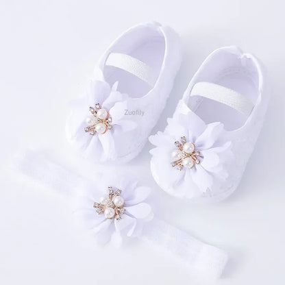 Spring Infant Baby Girl Shoes Newborn Lace Flowers Headband Anti-Slip Soft Sole First Walkers Toddler Kids Cotton Baptism Shoes