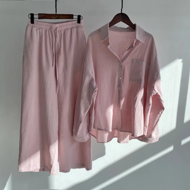 Cotton And Linen Solid Color Pant Sets Women Single-breasted Shirts And Drawstring Loose Wide Legs Trousers Two Piece Set Casual