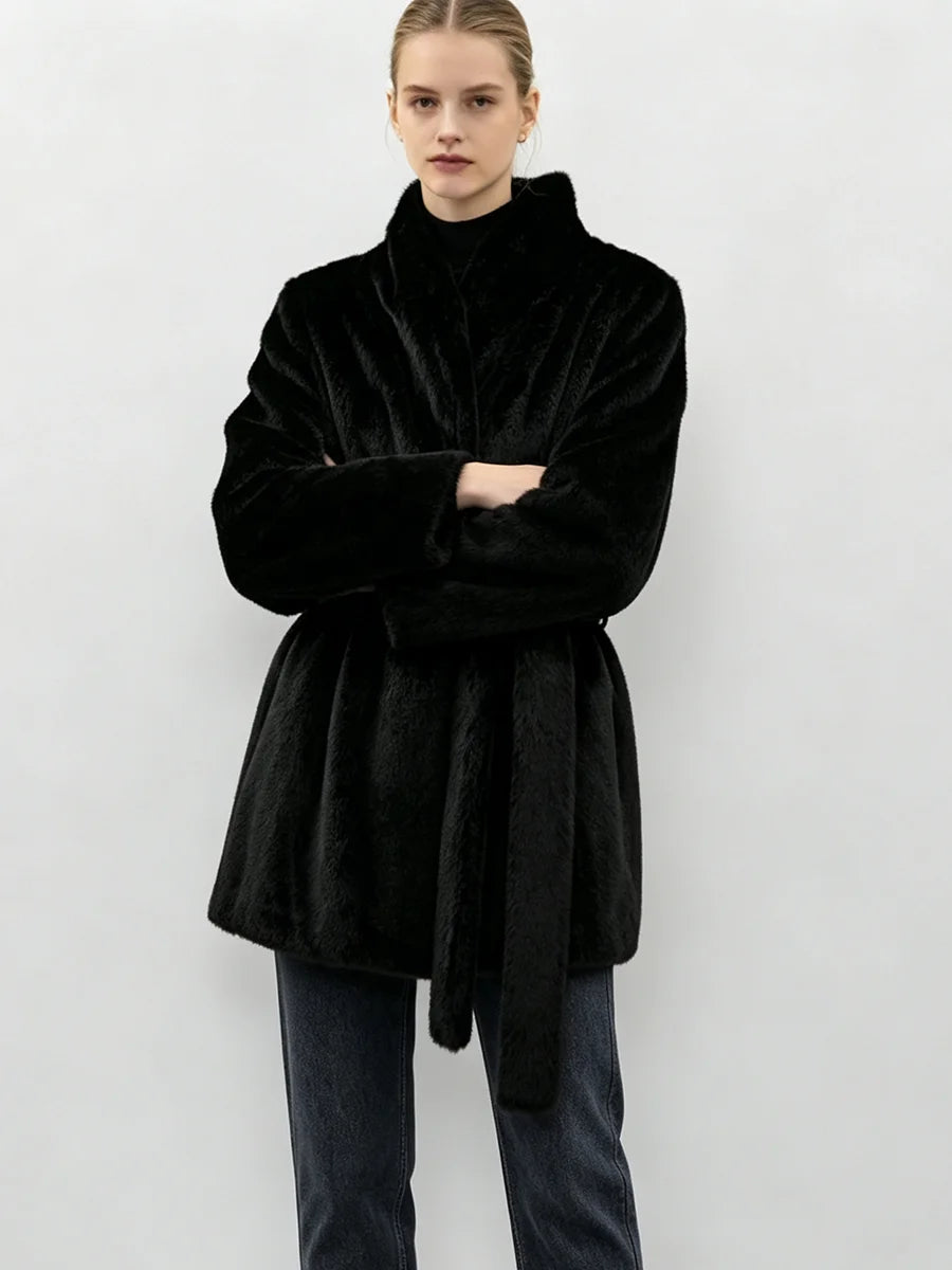 LIMO Women  Faux Mink Fur Coat Wrap Belted Waist Stand Collar Long Sleeve Loose Warm Winter Elegant Ladies  Plush Outerwear