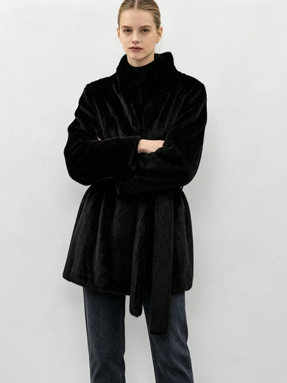 LIMO Women  Faux Mink Fur Coat Wrap Belted Waist Stand Collar Long Sleeve Loose Warm Winter Elegant Ladies  Plush Outerwear