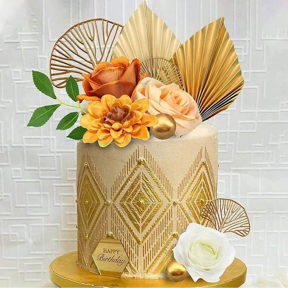 2PCS Happy Birthday Cake Toppers Glittery Palm Spear Gold Silver Folding Fan DIY Kids Party Cake Topper Wedding Decoration