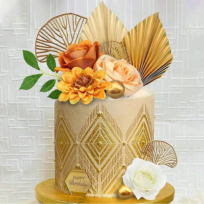 2PCS Happy Birthday Cake Toppers Glittery Palm Spear Gold Silver Folding Fan DIY Kids Party Cake Topper Wedding Decoration