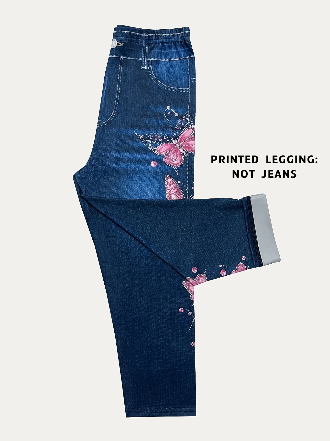 Women High Waist Slim Fit Floral Print Fake Denim 7/8 Cropped Capri Pants, Suitable For Daily Casual & Sports Wear