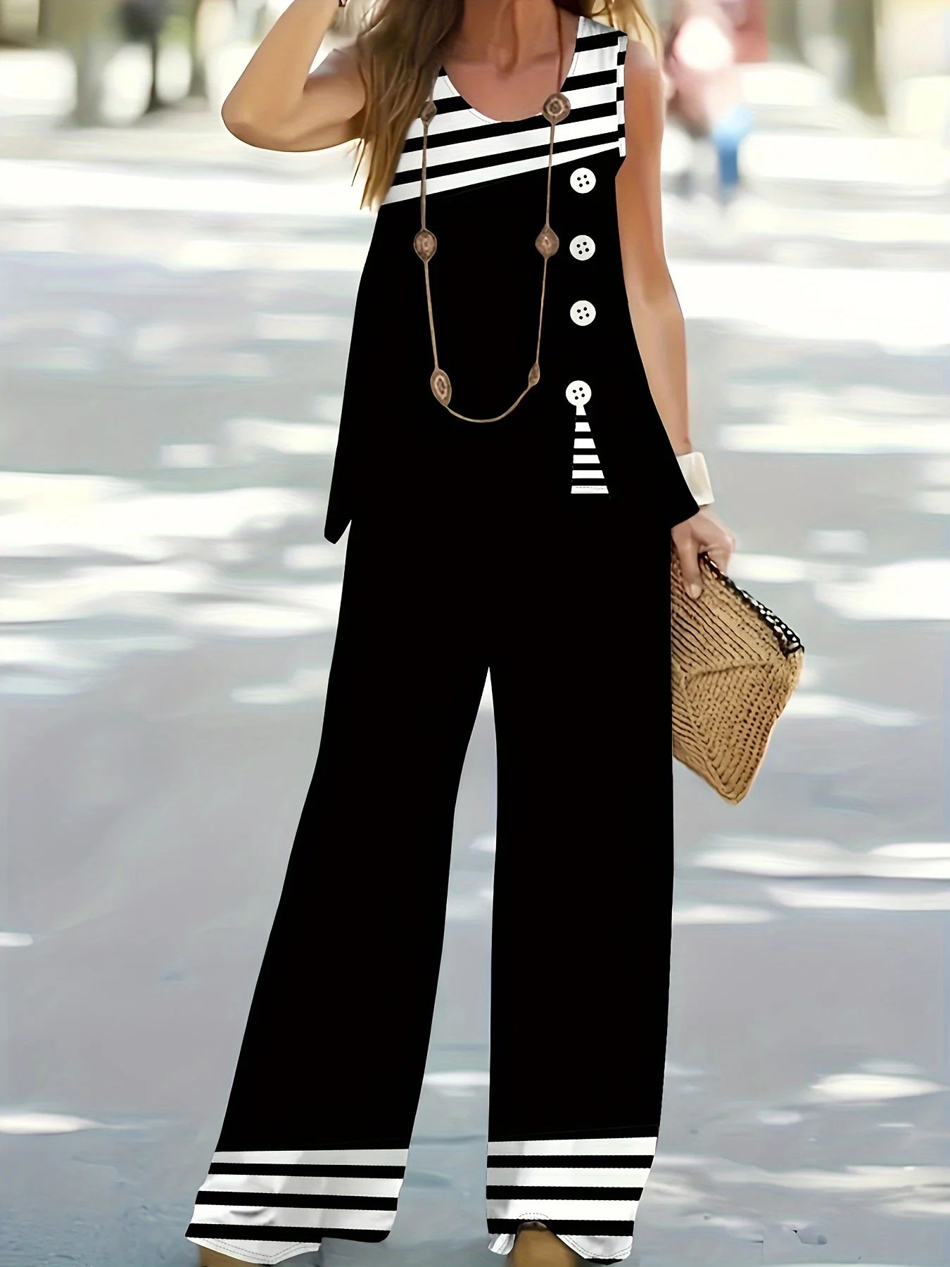 Printed Design Spring and Summer collection Black And White Stripes Pattern vacation style women's pants suit