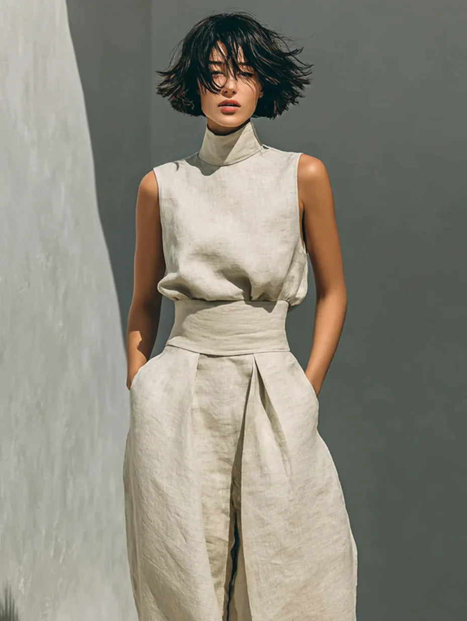 Women's Elegant Commuting Two-piece 2026 Fashionable High Neck Sleeveless Top Paired With Casual High Waisted Wide Leg Pants Set