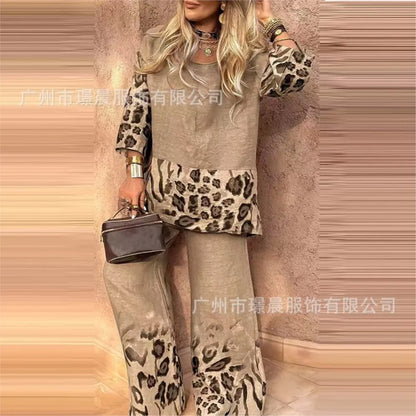2025 New Summer Leopard Print Two Piece Set Women Fashion Casual Loose Short Sleeves Blouses Splicing Tops Wide Leg Pants Suits