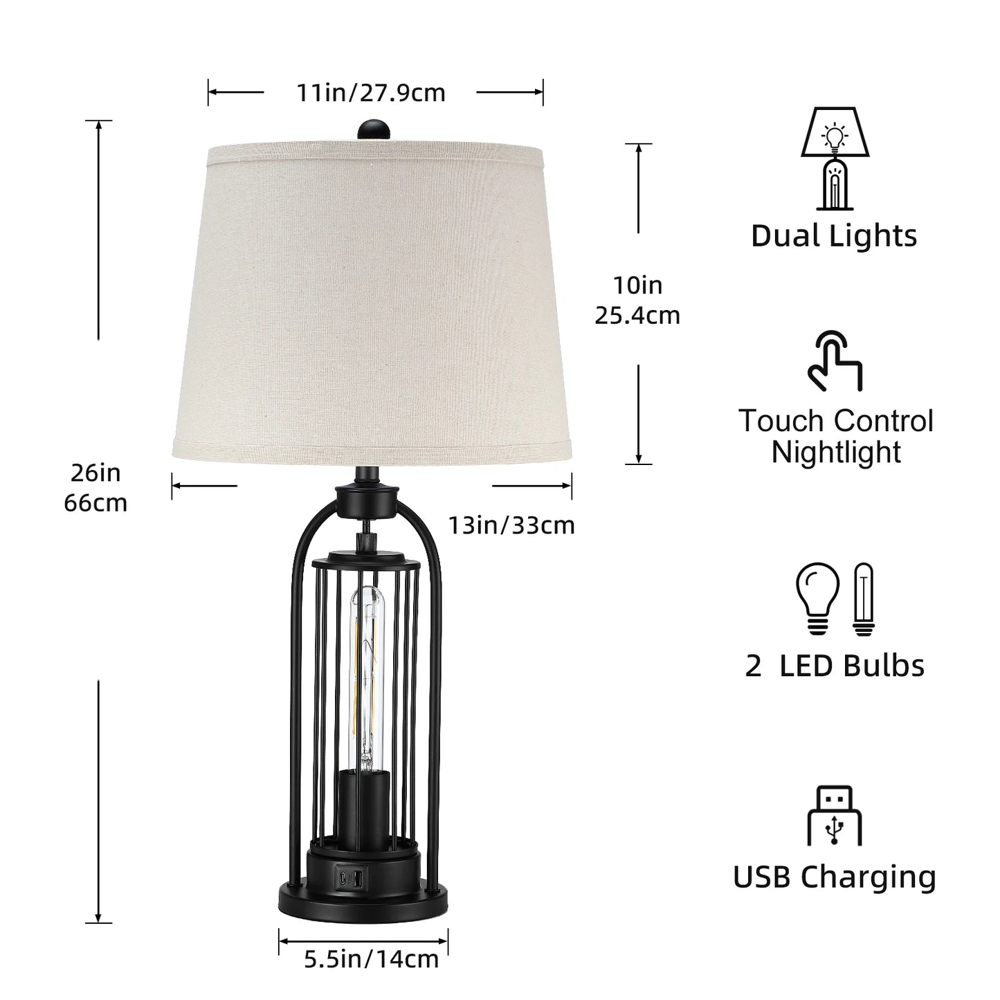 26 inch Desk Lamps Modern Dual LED lights up and down European Hardware base table lamp Hotel Guest Room Living Room Study Bedroom Bedside Decorative Lighting Lamps USB power interface