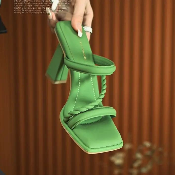 Fashionable One-piece Slippers for Women in Summer, Square Heel High Heels, 2025 New Square Toe Style Cool Slippers