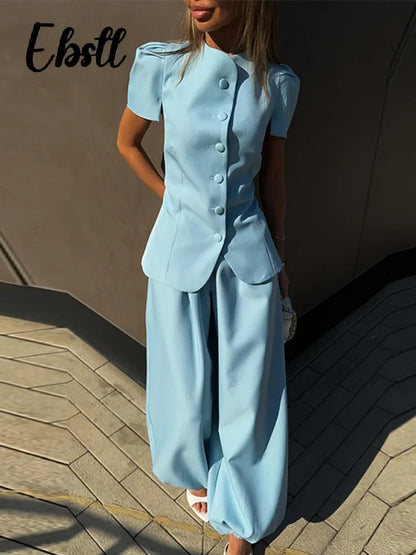 Elegant Short Sleeve Top Pants Set Women's Solid Single-breasted O Neck Waist-cinching Tops Loose Lantern Trousers 2026 Outfits