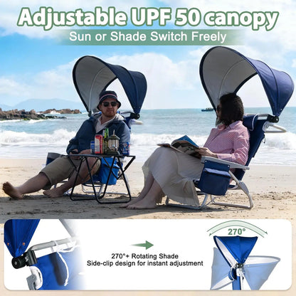 Extra Wide Beach Chair with Canopy Shade, 2 Pack Aluminum Folding Chairs with Detachable & Adjustable Umbrella, 5-Position Lay Flat, Cooler Bag, Cup & Phone Holder, Towel Bar, Royal Blue