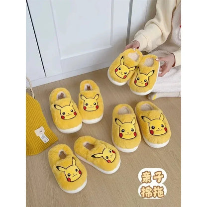 Popular anime Pokemon Pikachu Eevee Couple Cotton Slippers Winter Cute Cartoon Men Women Shoes with Velvet Insulation Anti slip