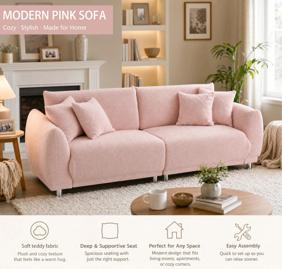 86.6 Inch Teddy Fleece Sofa With Four Throw Pillows Hardware Feet Can Sit Comfortably In An Apartment Bedroom Without Taking Up Space