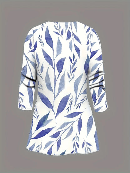 Plus-size women's 3-piece set: color-blocked printed cardigan jacket paired with trousers and vest for a casual everyday look.