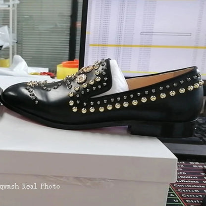 Gold Rivet Studded Shoes Man Pointed Toe Black Real Leather Hand-made Flats Male Fashion Party Shoes