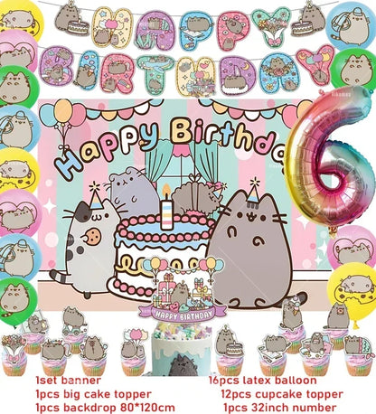 The Pusheen Cat Balloons Birthday Decoration Party Supplies Cartoon Grey Pet Fat Cat Theme Banner Backdrop Cake Topper Sticker