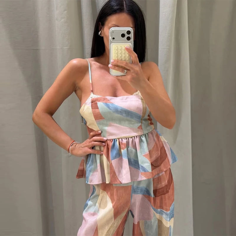 Beach Holiday Print Pants Sets Women Square Neck Sleeveless Lace Up Wide Legs Ruffles Suits Female 2026 Summer New Chic Outfits