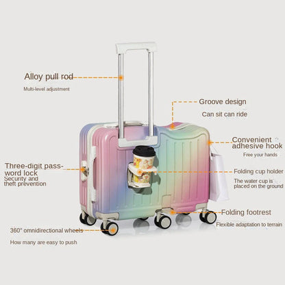 Gradient Color kids' Luggage Can Ride Small Travel Boarding Box with Cup Holder and Combination Lock 20/22inch Suitcase Children