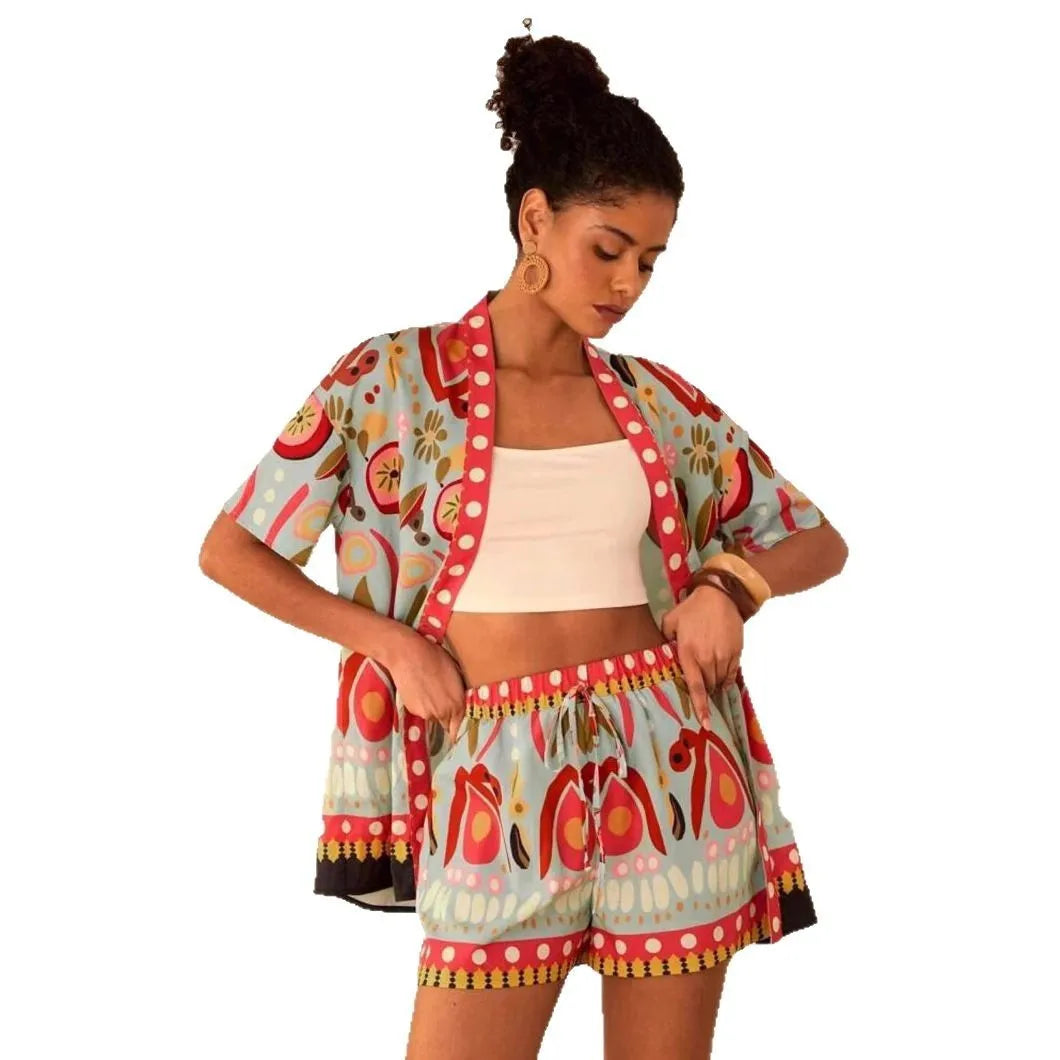 Summer Women's Suit With Shorts Printed Crop Top Short Pants Blue Patterned Set Green Floral Casual Shorts