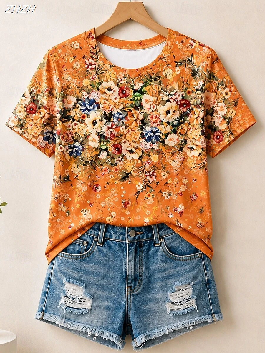 New Year Women's Summer Tops Floral Graphic Plants Elegant Vintage Stylish Short Sleeve Crew Neck Round Neck Long Tops Casual