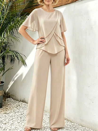 Women's Casual Pants Set Chiffon Breathable Solid Color Round Neck Short Sleeve Loose Irregular Top + Wide-leg Pants 2-piece Set