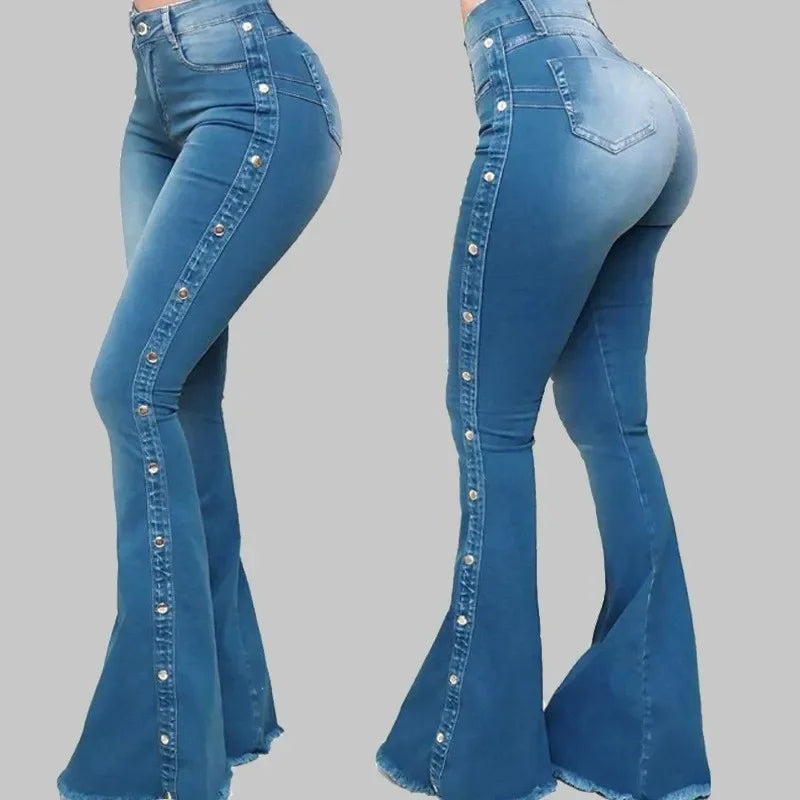 High-Waist Flare Denim Jeans | Distressed Vintage Stretch Trousers | Women's Floor-Length Streetwear Pants