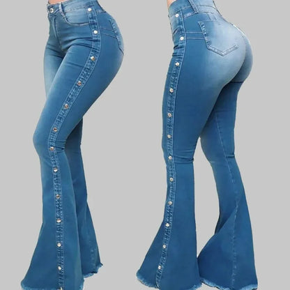 High-Waist Flare Denim Jeans | Distressed Vintage Stretch Trousers | Women's Floor-Length Streetwear Pants