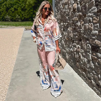 Autumn New Half-sleeved Printed Shirt Trousers For Women 2-piece Set Loose Simple Casual Elegant Female Streetwear Trousers Suit